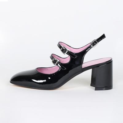 China Fashion Trend Custom Chic Block Heel For Office Dress Two Buckle Strap Women Bare Heel Shoe Chic Pumps for sale