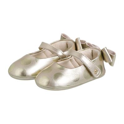 China Cute Winter Round Gold Microfiber Leather Bow Ornament With Strap Private Label Custom Baby Shoes With Logo for sale