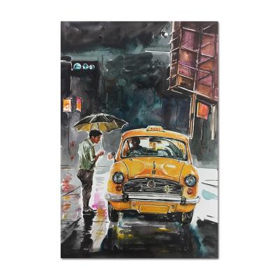 China Modern Hand Painted A Man Taking a Taxi in the Rain Street View in the Rain Wall Painting for Hotel Bars Home Decor for sale