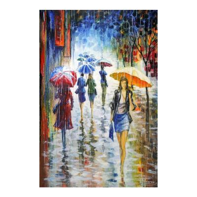 China Customized Modern Hand Painted Romantic Paris Street View in the Rain Wall Painting for Hotel Bars Home Decor for sale