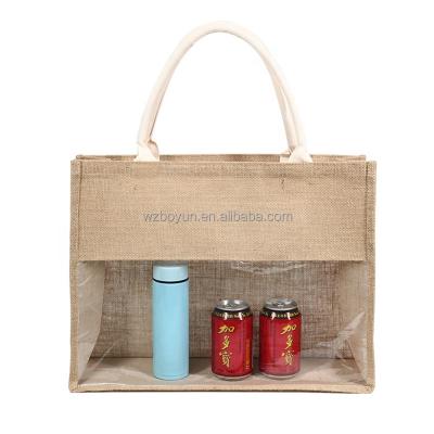 China Reusable Natural Color Burlap Jute Tote-bag With PVC Window Eco Recyclable Grocery Canvas Shopping Bags for sale