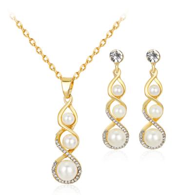 China CLASSIC Fashion Atmosphere Alloy Single Pearl Diamond Pendant Necklace Earring Set Diamond for sale