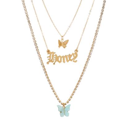 China Fashion 2021 hot selling European and American style ANGEL Letter Rhinestone Butterfly Necklace for sale