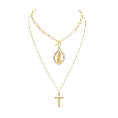 China 2021 Religious Lady Hot Sale Rhinestone Multilayer Diamond Round Jesus Cross Necklace for sale