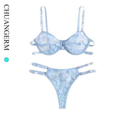 China Women's Lingerie Sky Blue Sky Blue Lace Bra Set Sensual Transparent Woman Para de lenceria mujer Polyester Polyester 2 Pieces Underwear Conjunto De Lingerie for sale