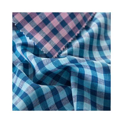 China Modern Design Breathable Linen Cotton Blue And Pink Plaid Yarn Dyed Fabric for sale