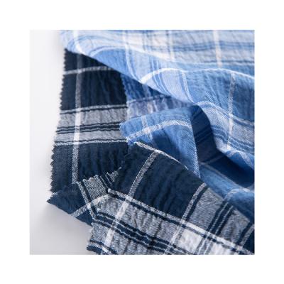 China Memory Modern Design Plaid Fabric Cotton Elastane Fabric Blue White Crepe Fabric for sale