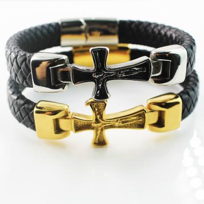 China Cross Bracelet Men Stainless Steel Magnet Clasp Braided Genuine Leather Wristband Pulsera Acero Inoxidable Hombre for sale