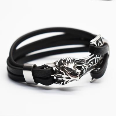 China Leather Bracelets For Men 2020 New Arrival High Quality 316 L Stainless Steel Sliver Plated Lion Head Multi Layers Leather Bracelets For Men for sale