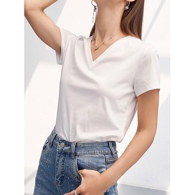 China Anti Shrink V Neck T-shirt Women Tops Blank Supima Cotton V Neck T-shirt Women for sale