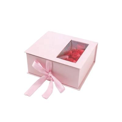 China Biodegradable Luxury Flower Roses Gift Packaging Valentines Day Boxes With Window And Ribbon Closure for sale