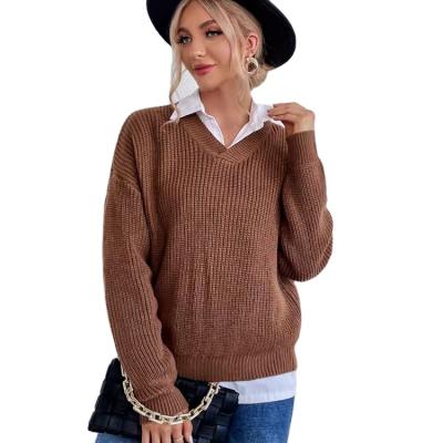 China New Autumn Winter Casual Basic Office Anti-wrinkle Knitted Sweater Winter Solid V-Neck Sweater Women for sale