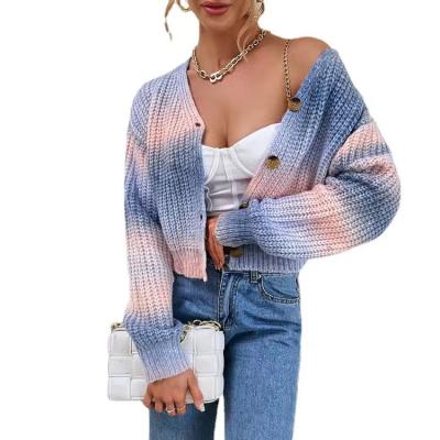 China Wholesale High Quality Anti-Wrinkle Customization Gradient Rainbow Shorts Knitted Sweater Cardigan Women for sale