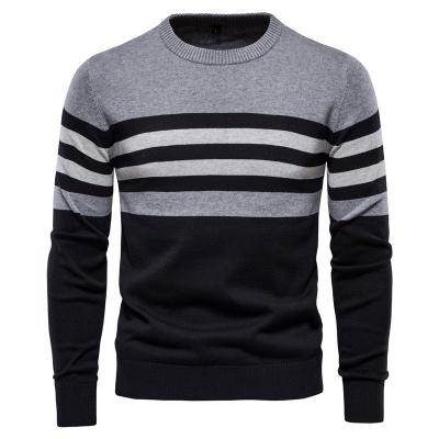 China custom Anti-wrinkle designer branded apparel woven tapestry contrast cashmere striped vacuum wool ripped men crew neck knit pullover sweater for sale