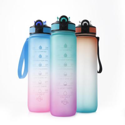 China Viable In Stock 1000ml Bpa Free Motivational Sports Gradient Color Plastic Water Bottle With Time Marker for sale