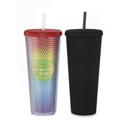 China Color Gradient Double Wall Double Wall Tumbler Eco-Friendly And BPA FREE Matte Black Plastic Studded Cups With Straw And Lid for sale