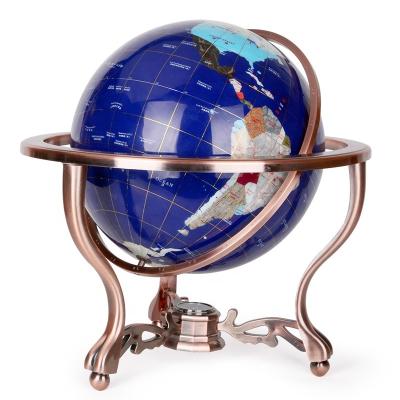 China Classic Vintage 6-Inch Blue Mini Table Top Gemstone Decoration Ocean World Globe With Copper Tripod for sale