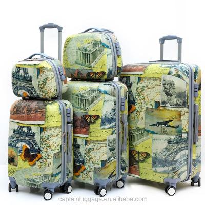 China Fashionable colorful design printed 20/24/28 inch trolley suitcase PC trvel luggage set for sale