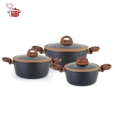 China 3pcs Forged Aluminum Sustainable Bottom Induction Kitchenware Cooking Pot With Wooden Accessories for sale