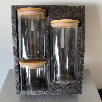 China Modern environmental high borosilicate glass storage jar 3pcs set with large capacity, easy open wooden lid/canister/household item/jar for sale