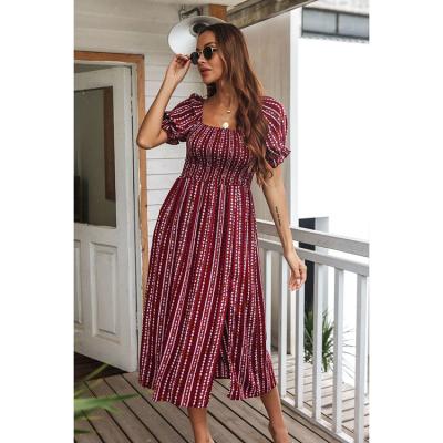 China 2021 summer high fashion one line print puff sleeve anti-static short style dresses ladies office daily wear for sale