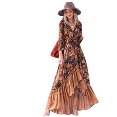 China Anti-wrinkle New Autumn Dresses Long Sleeve V-Neckline Printed Retro Long Dresses Irregular Skirts for sale