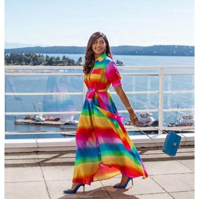 China Anti-Wrinkle Vacation Style Mid Sleeve Shirt Rainbow Color Dress With Long Belt Skirt Casual Women for sale