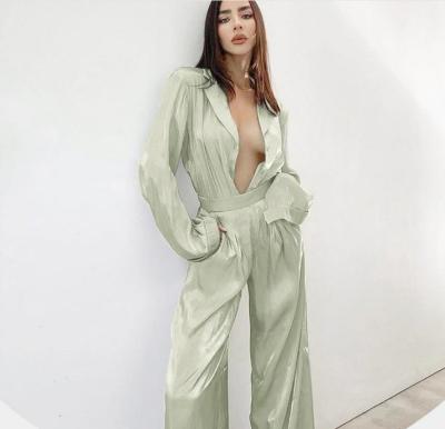 China New Arrival Ladies Satin Suit Long Sleeve Loose High Waist Shirt Anti-pilling Wide Leg Pants for sale