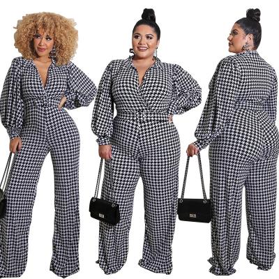 China Anti-pilling Plus Size Elegant Women Autumn New Plaid V-neck Puff Sleeve Printed Overalls for sale