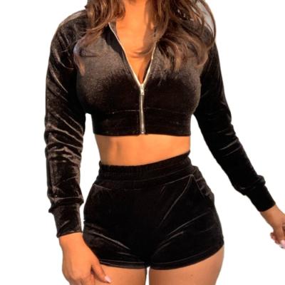 China Anti-pilling Women's Casual Two Piece Shorts Sets Flannel Zip-Up Stylish Gym Fitness Long Sleeves Sets for sale