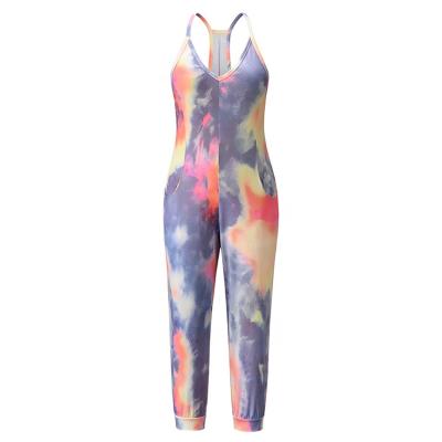 China Anti-wrinkle factory price high quality tie dyed v neck sling overalls casual style plus size pants for sale