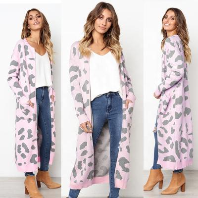 China Low MOQ Leopard Print Anti-wrinkle Knit Jacket Long Warm Cardigan Autumn Sweater For Women for sale