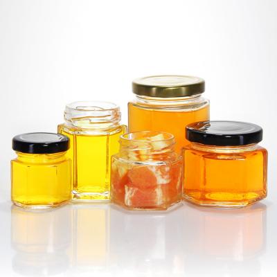 China 300ml 200ml 100ml Wholesale Hexagon Glass Mason Jar Jam Jar Honey Jar With Metal Screw Lid for sale