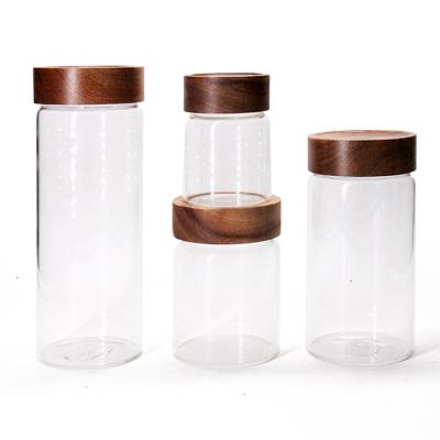 China Envases de alimentos de cocina envases de vidrio de borosilicato alto con tapa de tornillo de acacia en venta