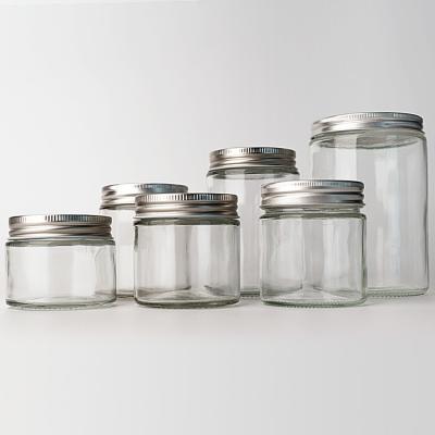 China Wholesale Empty Clear Glass Round Straight Side 4oz 8oz 12oz 20oz Glass Jar Food Container With Deep Metal Lid for sale