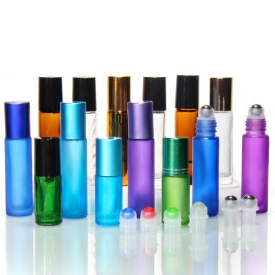 China 10Ml Rainbow Color Frosted Glass Roller Bottles For Essential Oil With Brushed Cap for sale