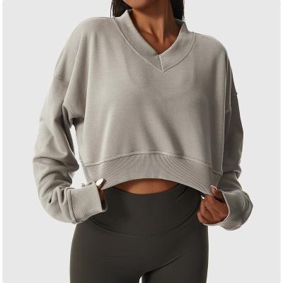 China Anti-Wrinkle V-neck Loose Fit Crop Top Gym Hoodie Women Running Sports Workout Pullover Sweater Long Sleeve Tops for sale