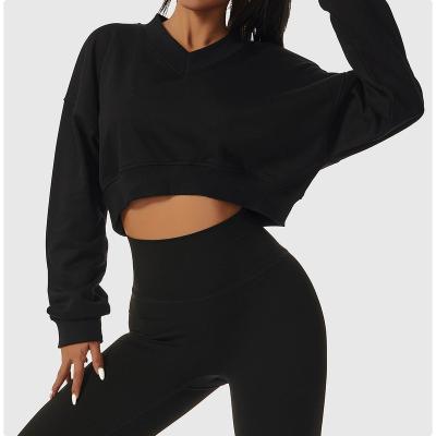 China Anti-Wrinkle V-neck Loose Fit Crop Top Gym Hoodie Women Running Sports Workout Pullover Sweater Long Sleeve Tops for sale