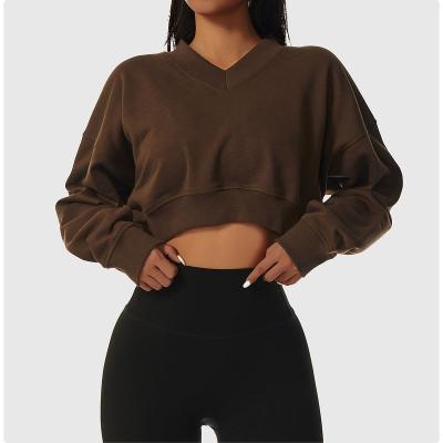 China Anti-Wrinkle V-neck Loose Fit Crop Top Gym Hoodie Women Running Sports Workout Pullover Sweater Long Sleeve Tops for sale