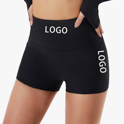 China 2023 New Breathable Custom Athletic Workout Shorts Women Gym Shorts High Waist Rib Seamless Knit Butt Lift Yoga Shorts for sale