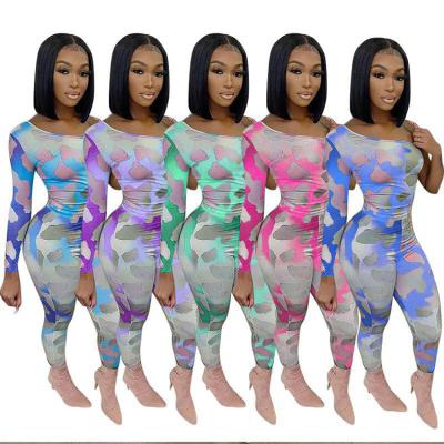 China 2021 new arrival women Anti-wrinkle printed off-shoulder thin sexy multi-color women's long sleeve overalls jumpsuit for sale