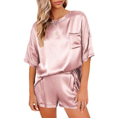 China Pure color QUICK DRY plus size women's casual two-piece pure silk sleepwear shorts women's short-sleeved home service chiffon sleepwear for sale