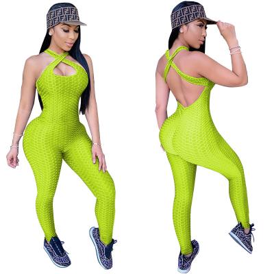 China XS-5XL Size Womens Overalls Jacquard Yoga Exercise Breathable Sexy Tighter Fitness Pants Backless Skinny Overalls Ladies for sale