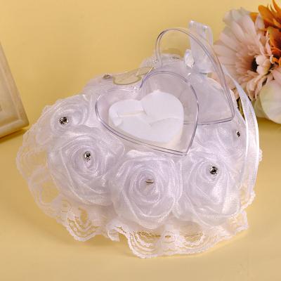 China Wedding Ring Cushion Wedding White Satin Lace Ring Pillow With Heart Shape Box for sale