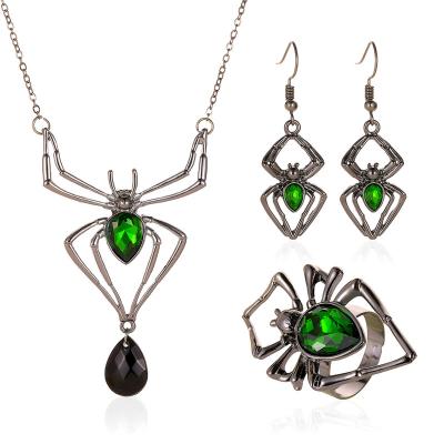 China Exaggeration Holy Day Jewelry Personalized Three Piece Green Spider Necklace Earring Ring Set Accessories Retro for sale