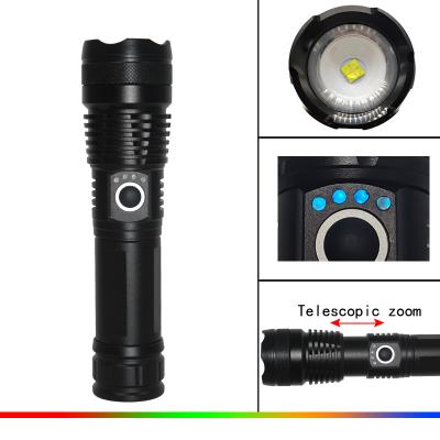 China Convenient 5 Modes Zoomable Torch 3000 Rechargeable LED Flashlights XHP50 High Lumens LED Tactical Flashlight for sale