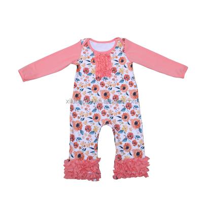 China Baby Boutique Summer Long Sleeeves Ruffle Baby Romper Rose Flower Print Romper Long Sleeve Ruffle Baby Romper for sale