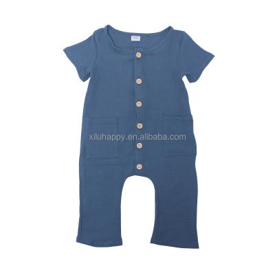 China Short Sleeeves Autumn Boutique Baby Romper Blue non printing short sleeve romper pocket baby romper for sale