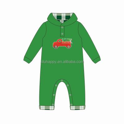 China Long Sleeve Sleeeves Autumn Boutique Baby Romper Green Solid Color Romper Lattice Striped Baby Romper for sale