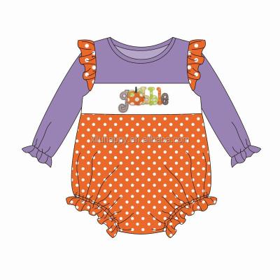 China Sleeeves Autumn Boutique Baby Romper Purple Long Sleeve Ruffle Orange Splicing Romper for sale